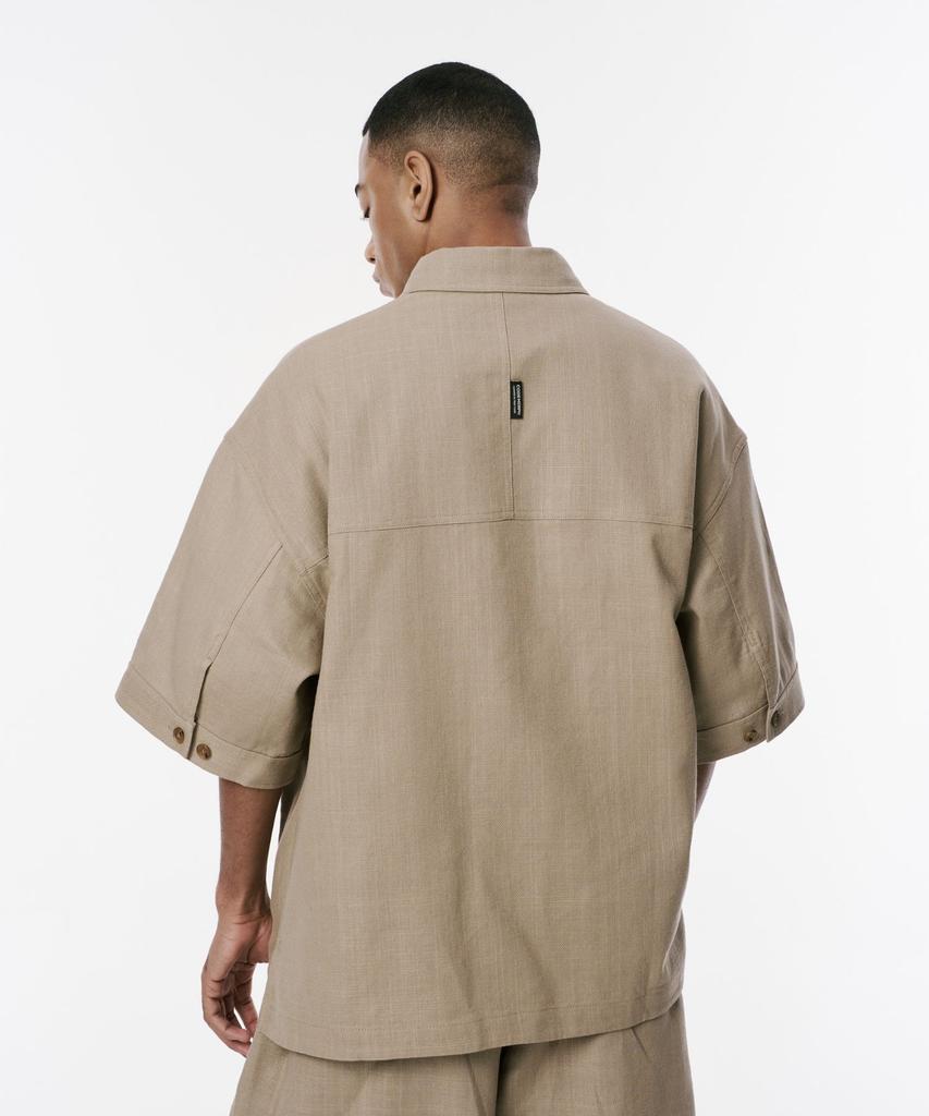 Codemorph Linen Texture Cotton Utility Short Sleeve Shirt Jacket Beige
