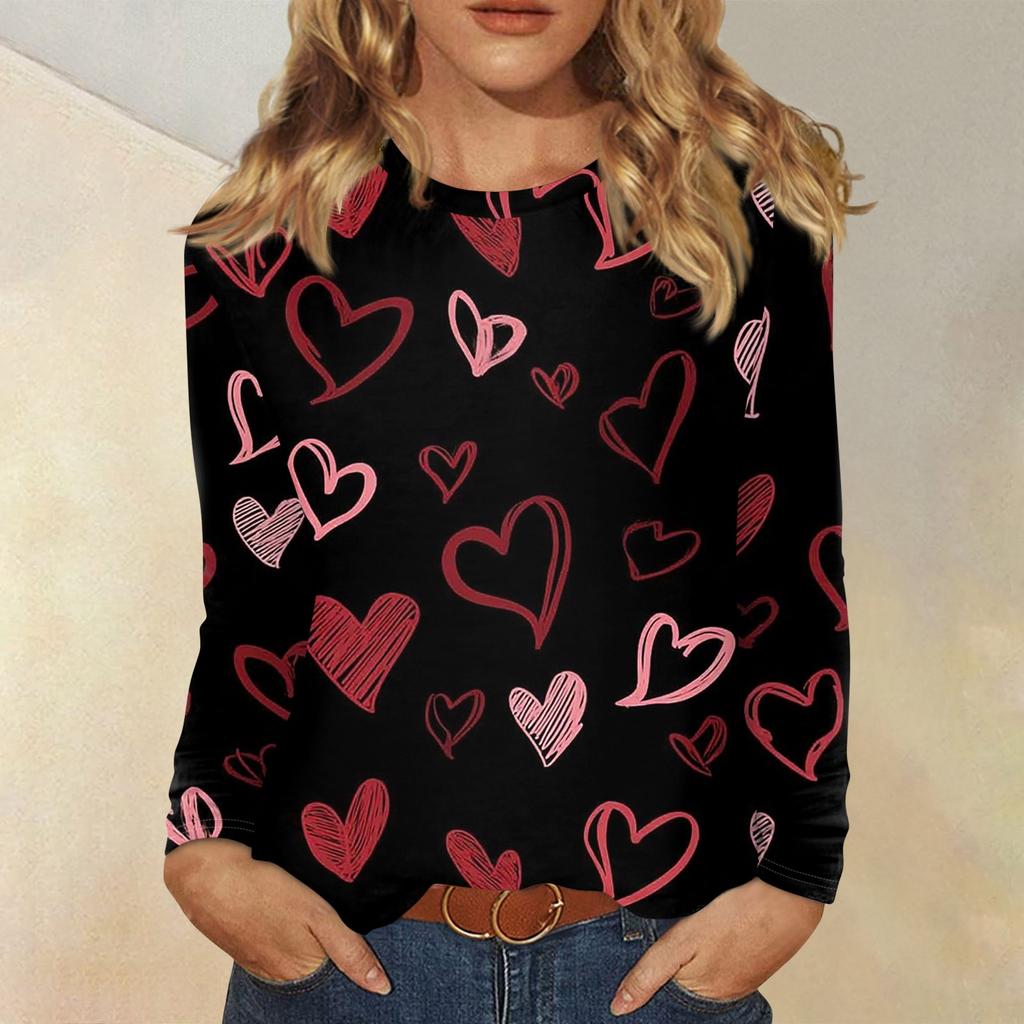 Damen Valentinstag Modisches Herzmuster Rundhals Langarm Pullover Top