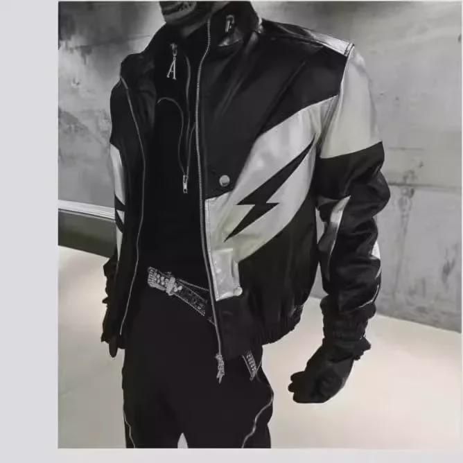 American Retro Contrast Color Splicing Motorcycle Leather Jacket for Men and Women, Korean Style BF Loose Fit.