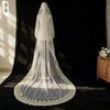 One Tier Cathedral Wedding Veil, White Tulle Bridal Veil with Golden Floral Lace Embroidery, 300cm Long Train Wedding Headwear for Bride