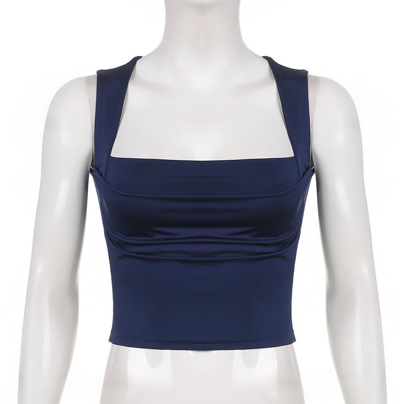 

Складные майки для женщин, однотонные, элегантные, тонкие, сексуальные, в стиле Харадзюку, минималистичная одежда High Street Y2k, укороченные топы, дизайн L синий