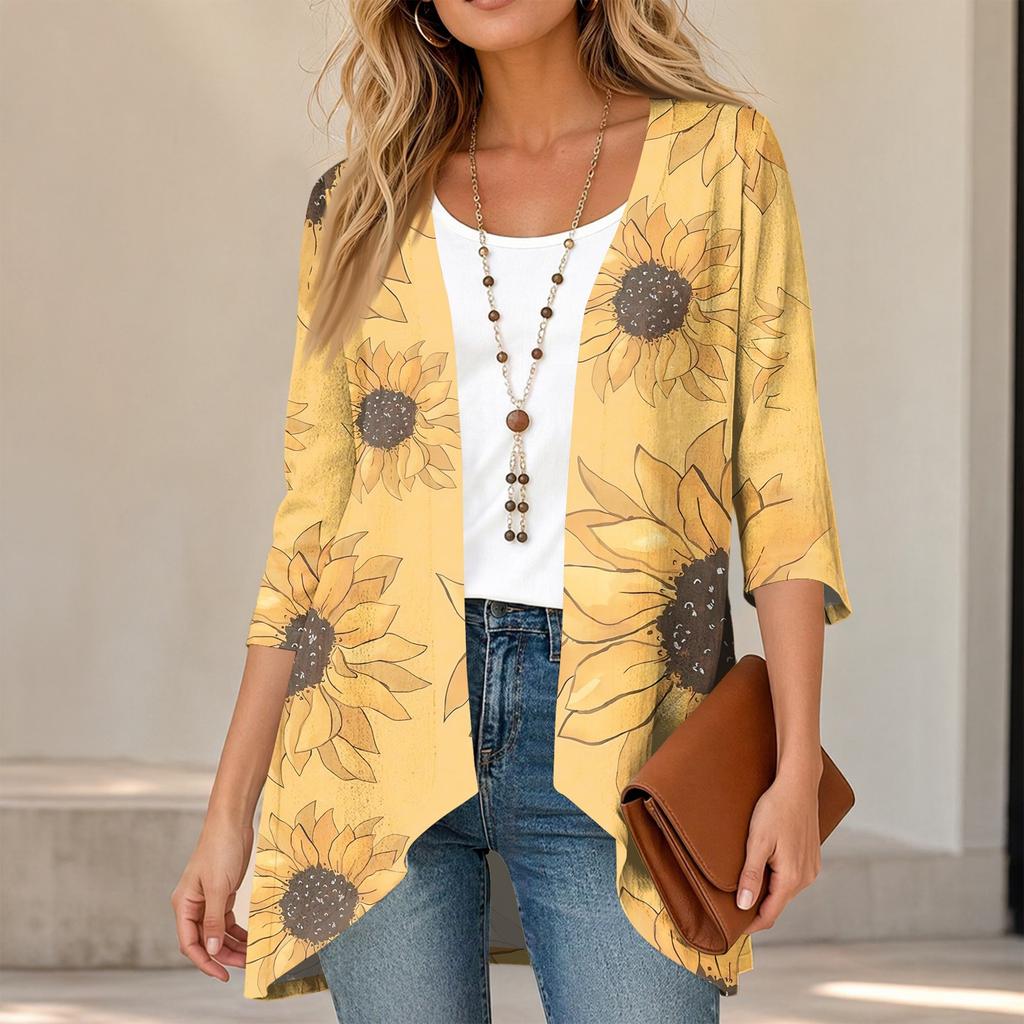 Women's Vintage Floral Print Three-Quarter Sleeve Cardigan Casual Loose Fit Lightweight for Spring Summer