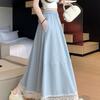 Women's Vintage Lace Trim High-Waist A-Line Midi Skirt - Summer Korean Bohemian Flared Umbrella Silhouette with Artistic Flair