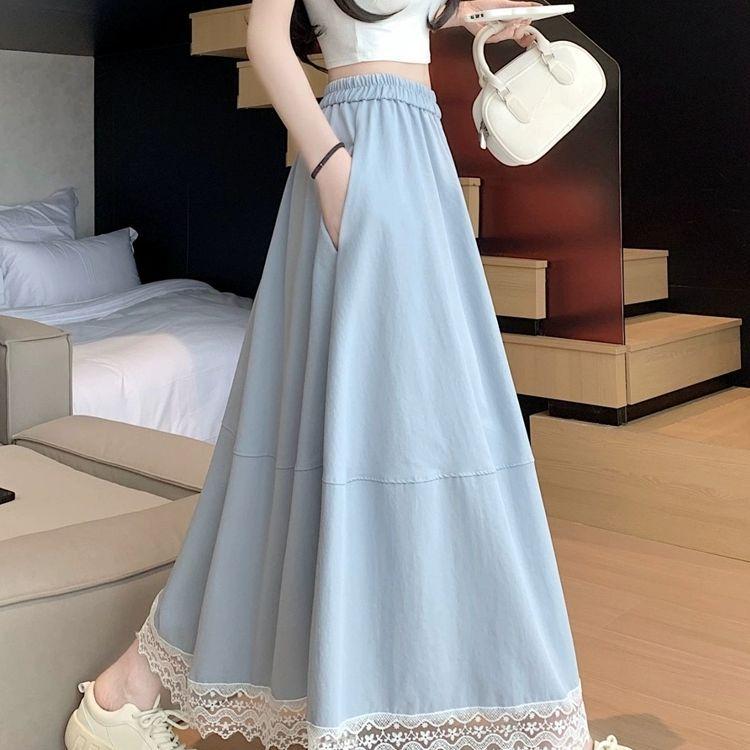 Women's Vintage Lace Trim High-Waist A-Line Midi Skirt - Summer Korean Bohemian Flared Umbrella Silhouette with Artistic Flair