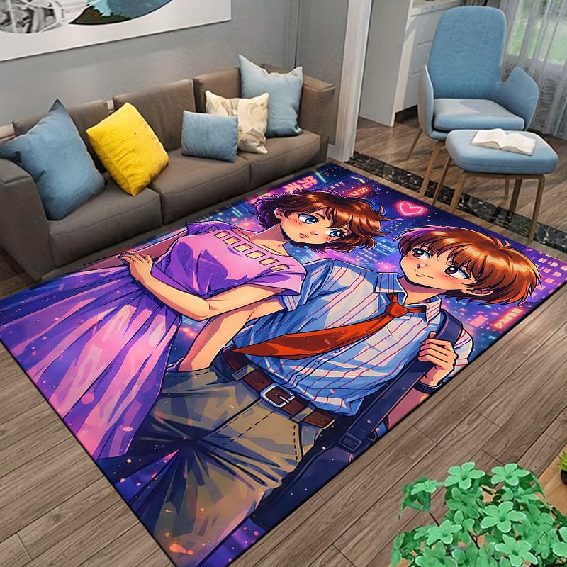 Flannel Rug Retro 80s Anime Couple Neon Tokyo City Pink Purple Vaporwave Art Decor for Living Room Bedroom Gift for Women