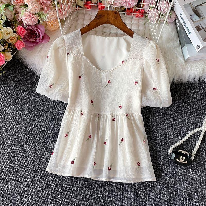 

Chiffon Shirt Short-Sleeved Women s Summer New Arrival Fancy Chic Bright Waist Tight Shirt Square Collar Beaded Embroider Jacket Red L