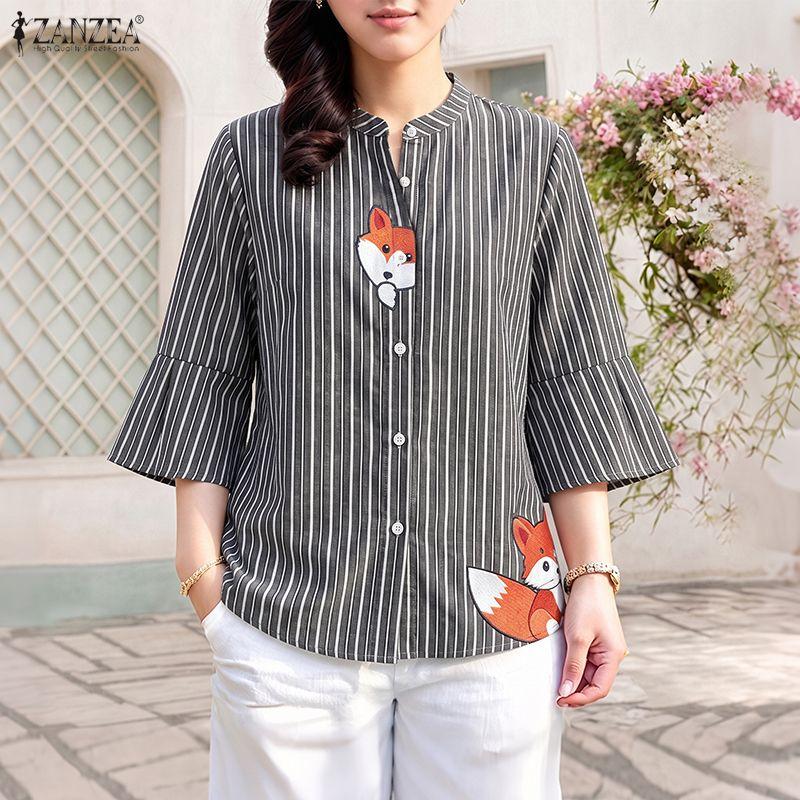 ZANZEA Women Striped Shirt Stand Collar 3/4 Sleeve Print Button Down Casual Blouse Tops