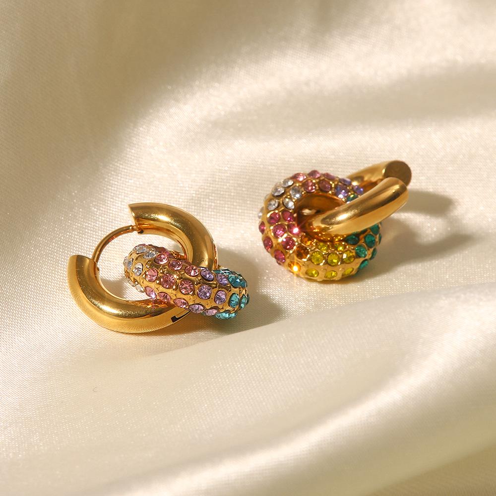18k Gold-Plated Colorful Diamond Round Donut Earrings - Trendy, Versatile Design Inspired by European and American Influencers.
