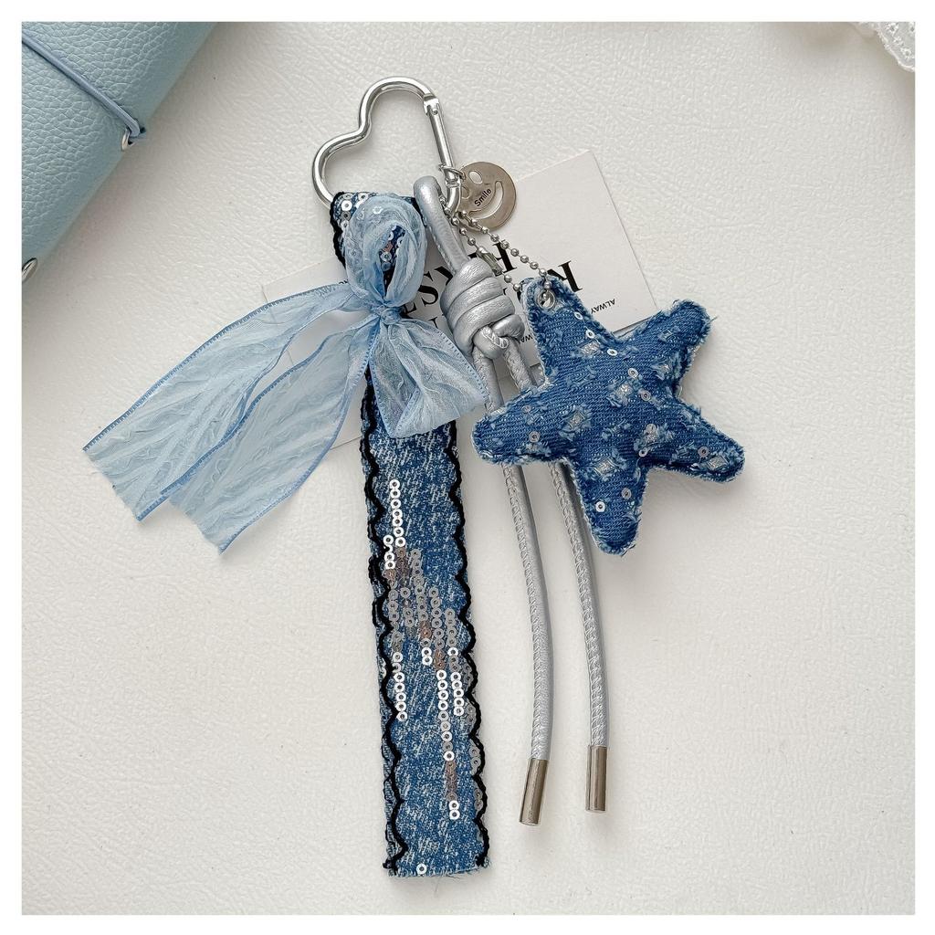 Vintage Denim Star Bag Charm Light Blue Organza Bow Lace Ribbon Carabiner Pendant Handmade Women Bag Accessories Bag Charm