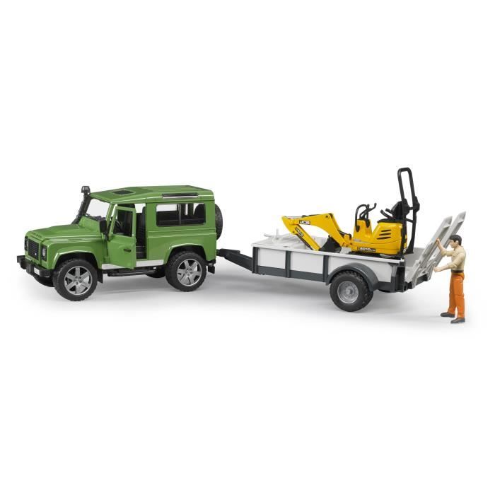 Land Rover Defender with Trailer and JCB Mini Excavator - BRUDER