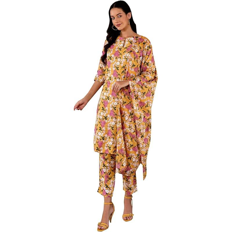 W Yellow Floral Printed Women's Kurta Dupatta Bottomwear Set