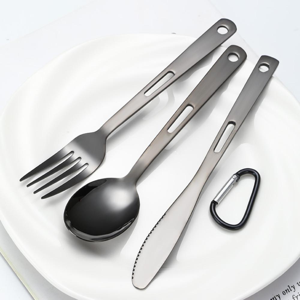 Black/Silver Camping Cutlery Set Stainless Steel Spoon Fork Set Flatware Set  Outdoor
