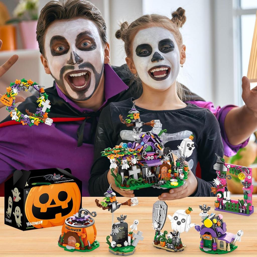 6 in 1 Halloween Prank Haunted House Small Particle Building Blocks Set Assembly Model Puzzle Toy Holiday Gifts for Children
