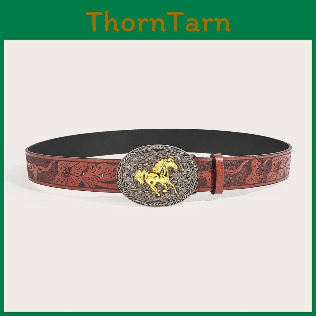 Western Cowboy Pu Leather Belt With Horse Alloy Fastener Design For Fashion Enthusiasts