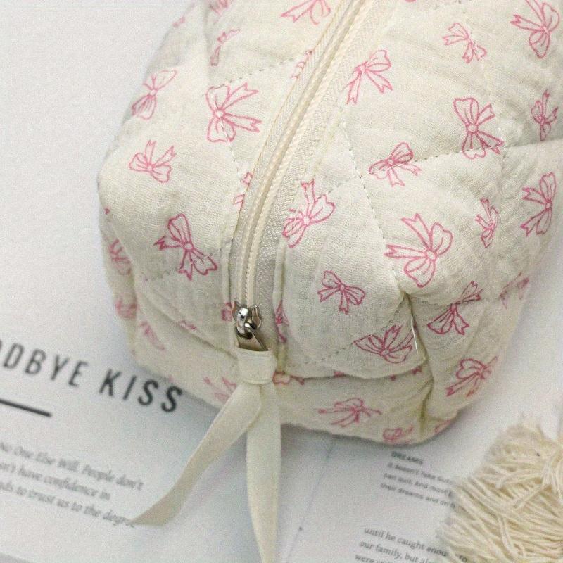 Cute Bow Make Up Bag Cute Bow Knot Pattern Toiletries Bag Travel Make Organizer Zipper Pouch, Quilted Cosmetics Bag, Stylish Foldable Commuter