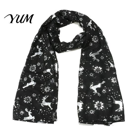 Elegant Hot Stamping Scarf Christmas Theme for Women, Glitter Sparkly Foil Reindeer Soft Polyester Neck Print Scarves, Lightweight Shawl Wrap
