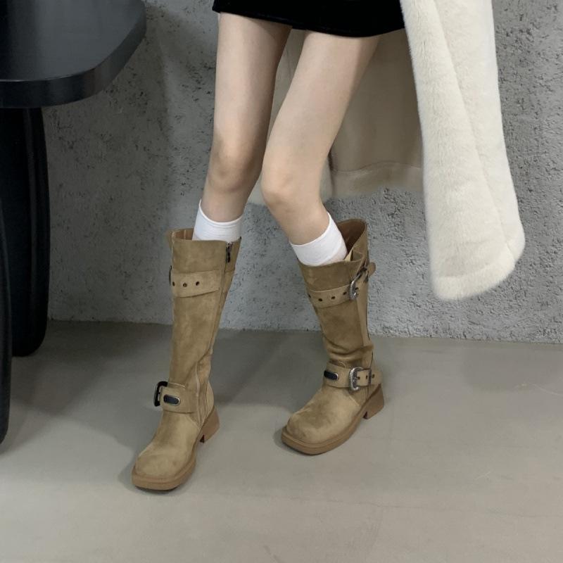 2025 autumn and winter new thick heel retro western boots belt buckle british high locomotive high boots