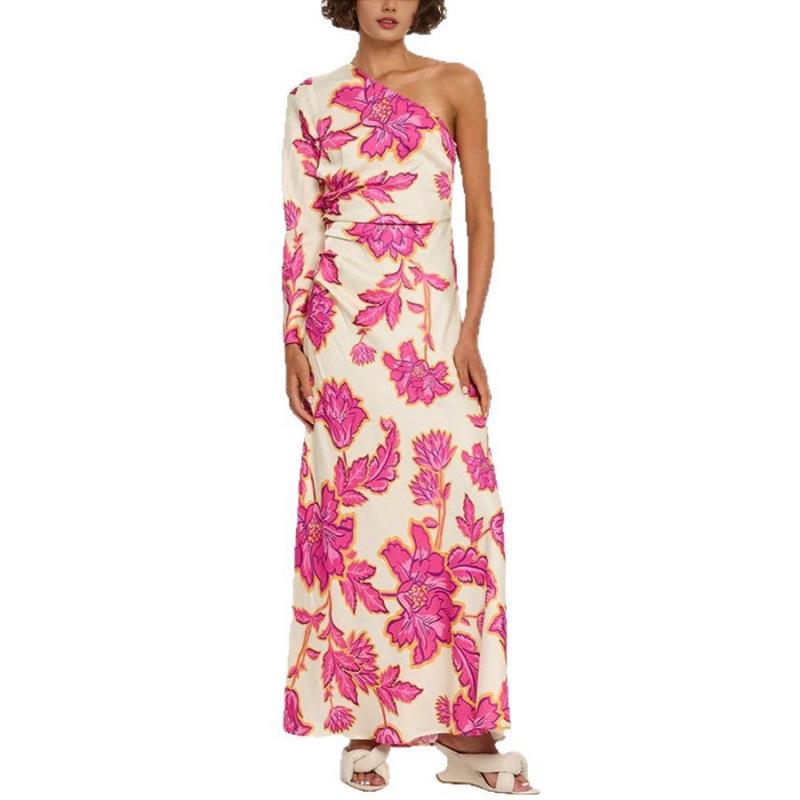2025 Elegantes langes Ein-Schulter-Kleid mit Rosenprint aus Satin für Damen