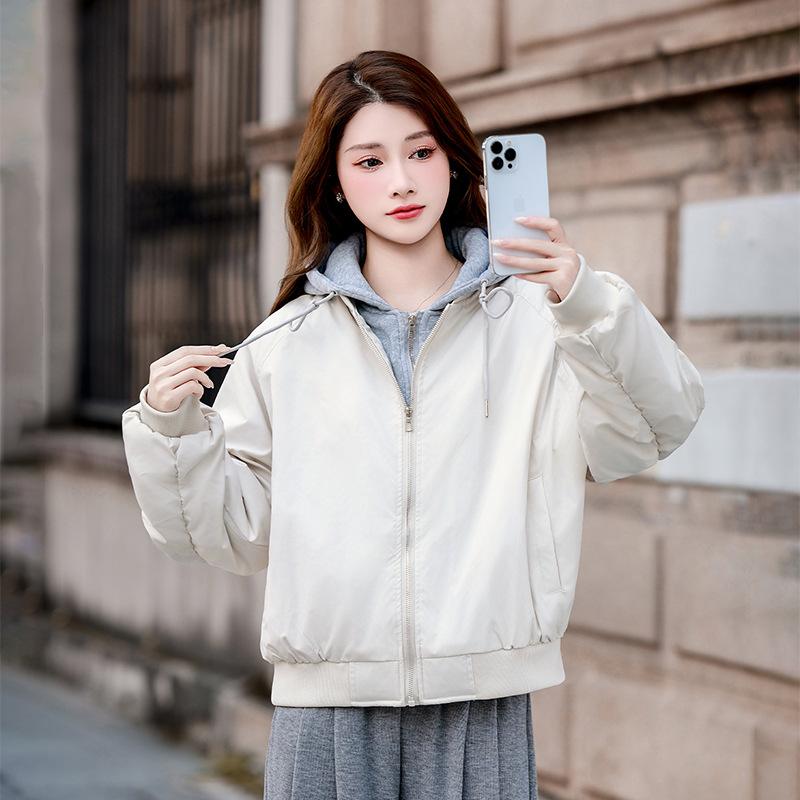 Fake two-piece hooded baseball jacket women's short loose pilot velvet cotton jacket autumn and winter casual top