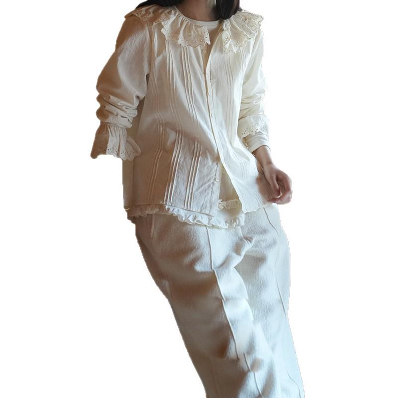 Elegant Winter Ginger Cotton Lace Shirt with Embroidered Big Lapel