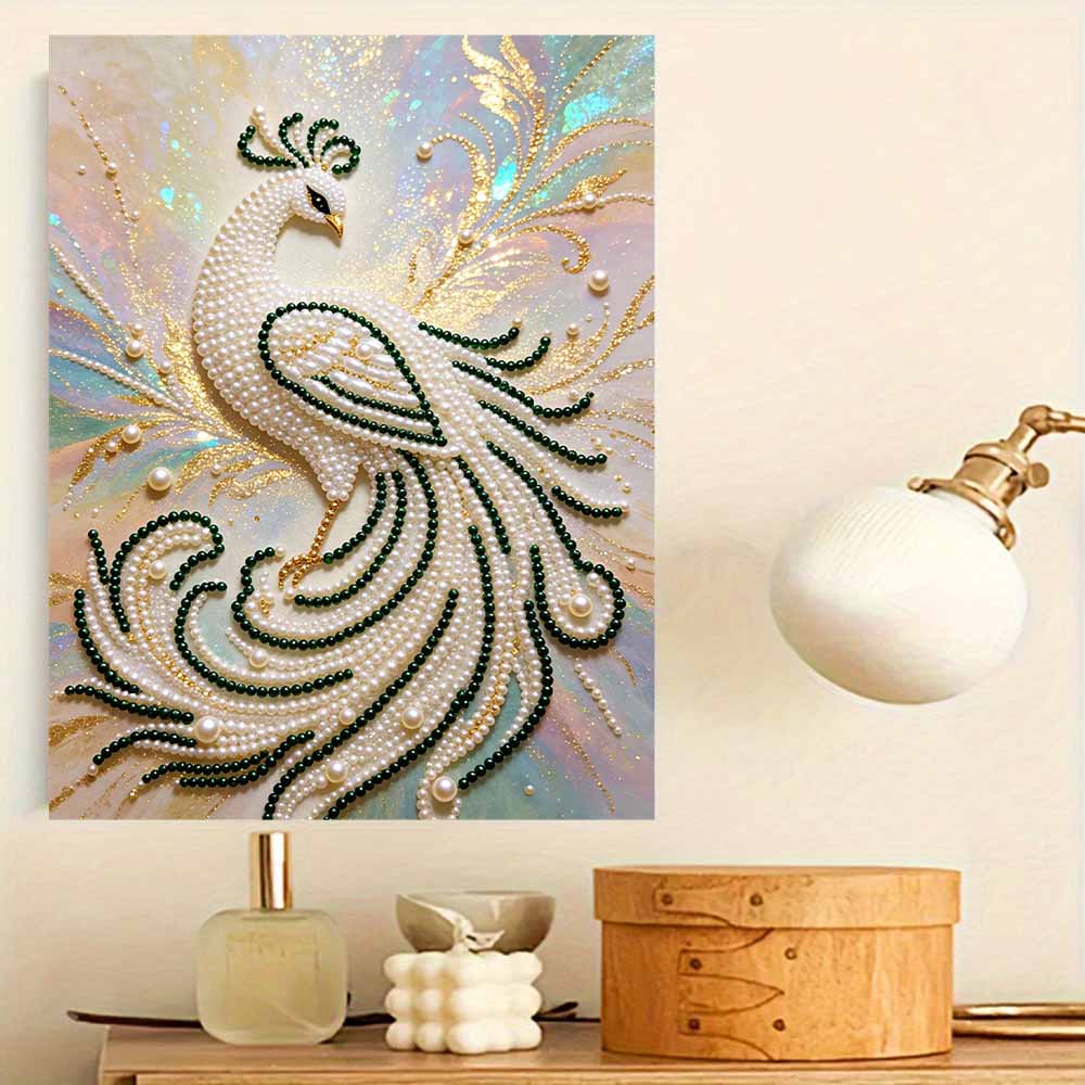 5D Round Pearl Painting Kit Elegant White Peacock Pattern DIY Handmade Crystal Artist Home Interior Decor Gift