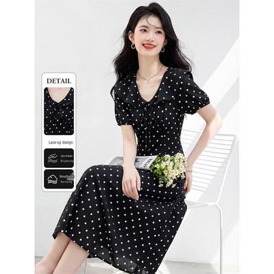 French Elegant Polka Dot V-Neck Midi Dress