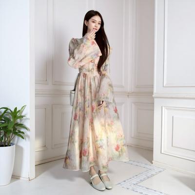 Plus Size Women's New Autumn Sweet Thin Cover Belly Long Sleeve Floral Dress