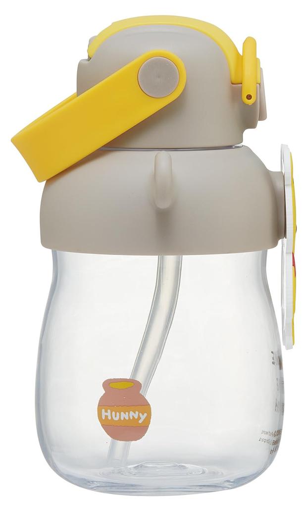 Skater Disney Winnie the Pooh Water Bottle with Rubber Locking and Shoulder Strap Mascot, Straw, 650ml, One-Push Open, Function, Handle, (PRMC7ST-A)