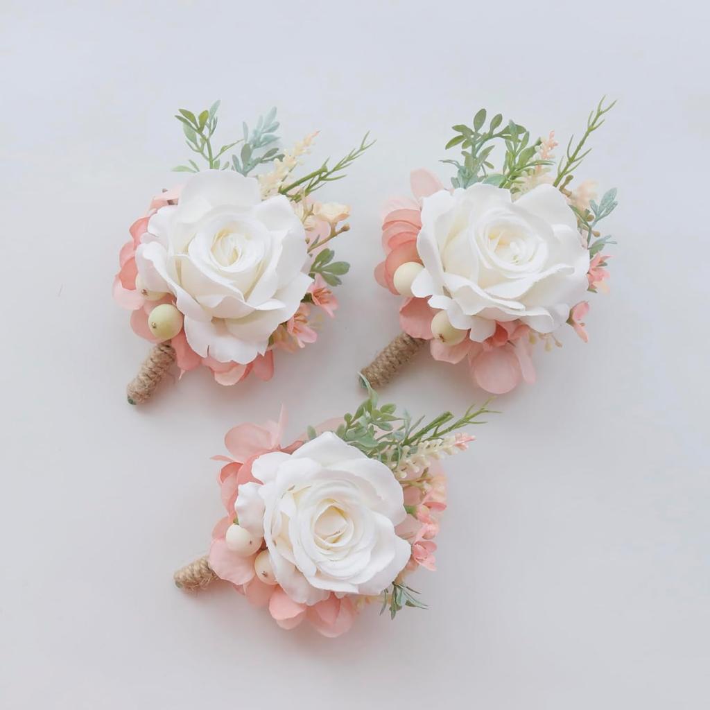 MAFELOE Wrist Corsage and Boutonniere Set Artificial Rose Flowers Accessories for Groom Bride Groomsmen Bridesmaids Wedding Party Prom Suit- Creamy