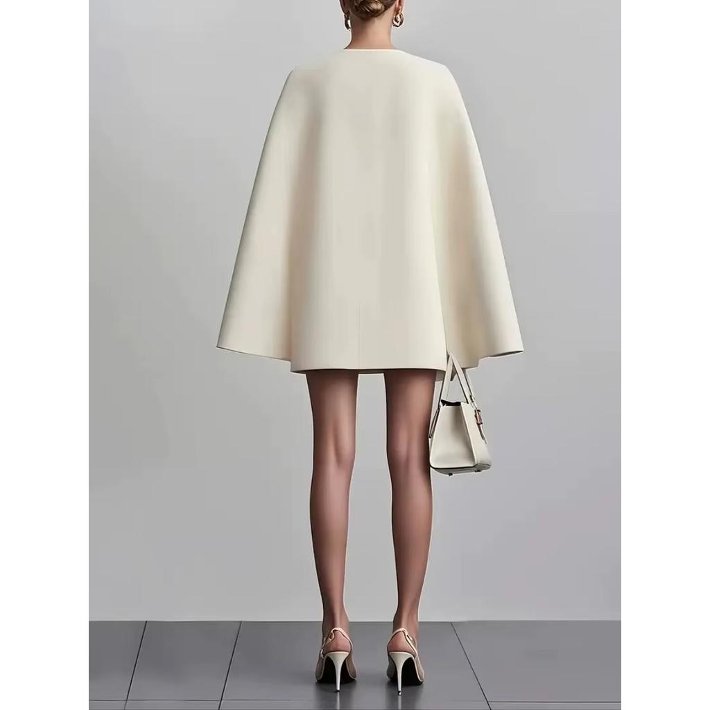 LYRIA Damenmode Pendler Einfarbig Blazer Kleid Büro Zweireihig Taille Partykleid Elegant V-Ausschnitt Schalkragen Umhang Ärmel Midi Kleid