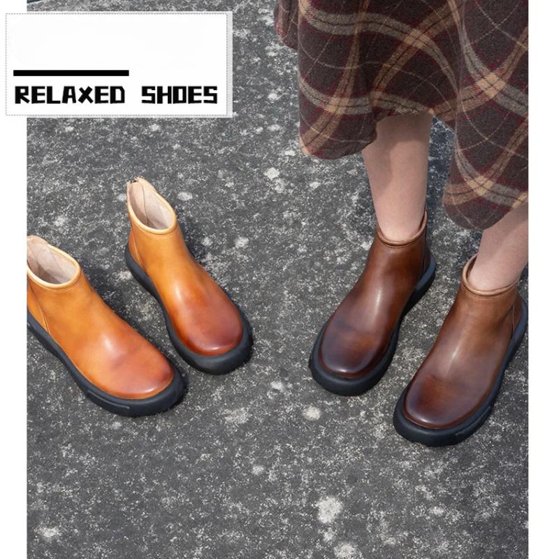 Johnature Retro Versatile Short Boots Round Toe High-quality Cowhide Soft Soled Women's Leather Boots
