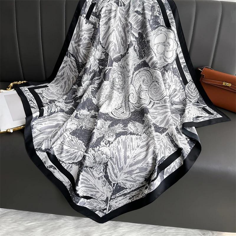 New 90cm Abstract Plants Print Square Silk Feeling Twill Scarf Women Spring Hair Band Hijab Foulard Neckerchief Shawl Wraps 2025