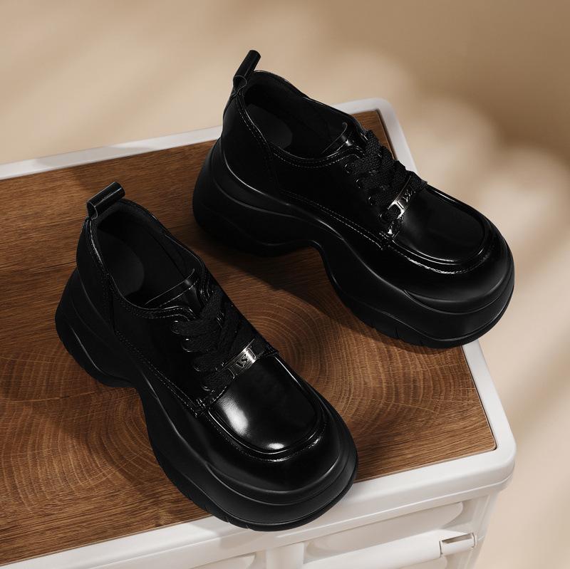 British Style Small Leather Shoes Korean Height-increasing Women's Black Patent Leather Thick-soled Thick-heeled Lace-up Loafers