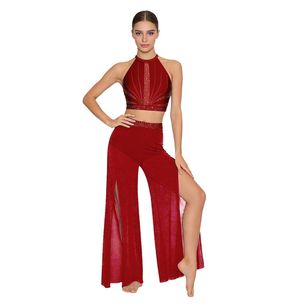 Womens Lyrical Dance Performance Outfit Sequin Hollow-out Tank Crop Top+Built-in Briefs Mesh Pants Modern Contemporary Dancewear
