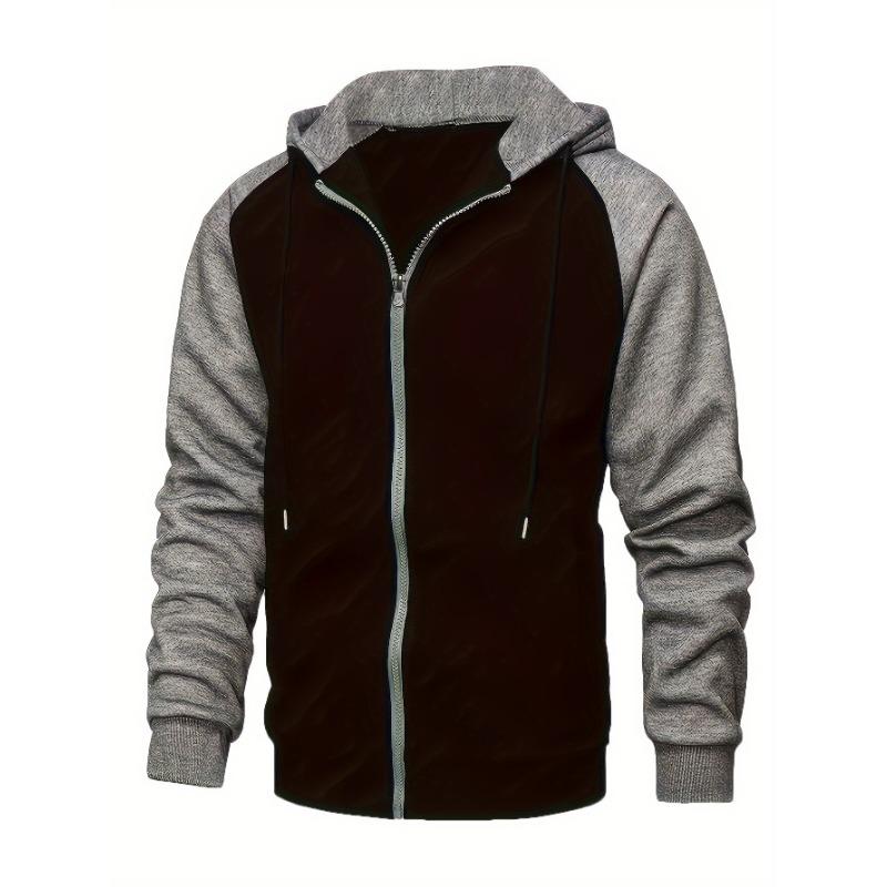 New Men's Zip-Up Color Block Hoodie with Casual Stylish & Durable Fall/Winter Top Raglan Sleeves Hoodies Sweatshirt Male
