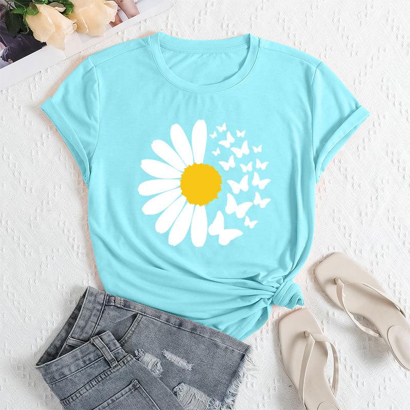 Summer Women's Daisy Butterfly Print Loose Round Neck Casual Pure Cotton Short Sleeved T-shirts Women's