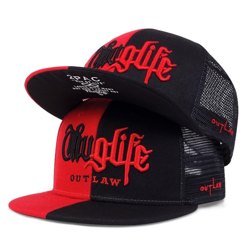 [sproutsy] Men's Hip Hop Mesh Cap, Snapback (Red + Black)