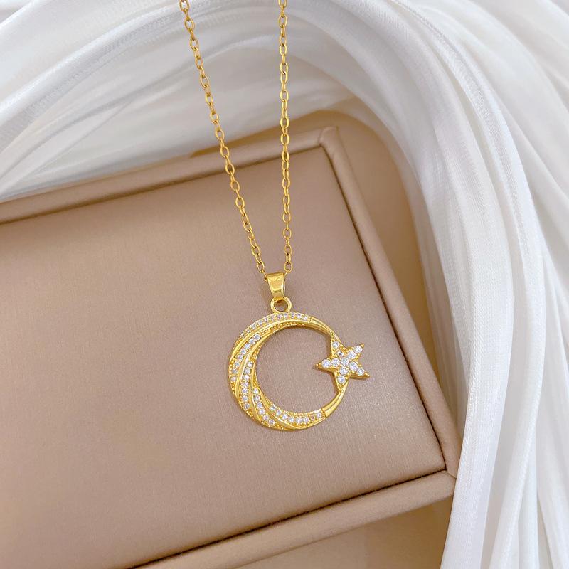 Titanium Steel, Moon Star Light Luxury Temperament Gorgeous Full Diamond Necklace Female Versatile Collarbone Chain Titanium Steel Chain