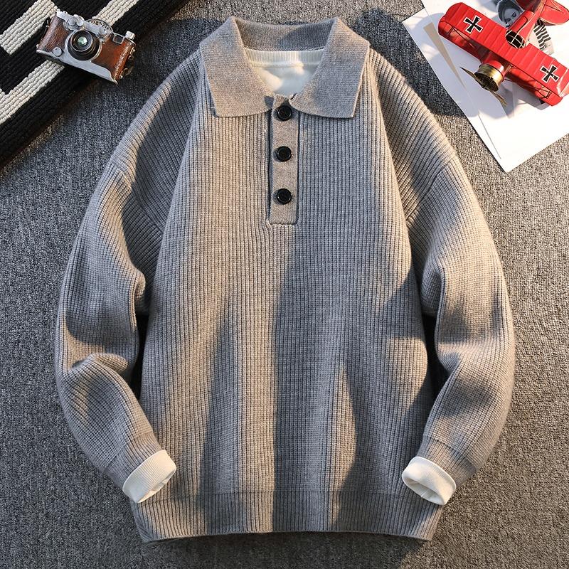 

Однотонный пуловер на пуговицах, вязаный резинкой, модный свитер с лацканами, топ с длинным рукавом L серый