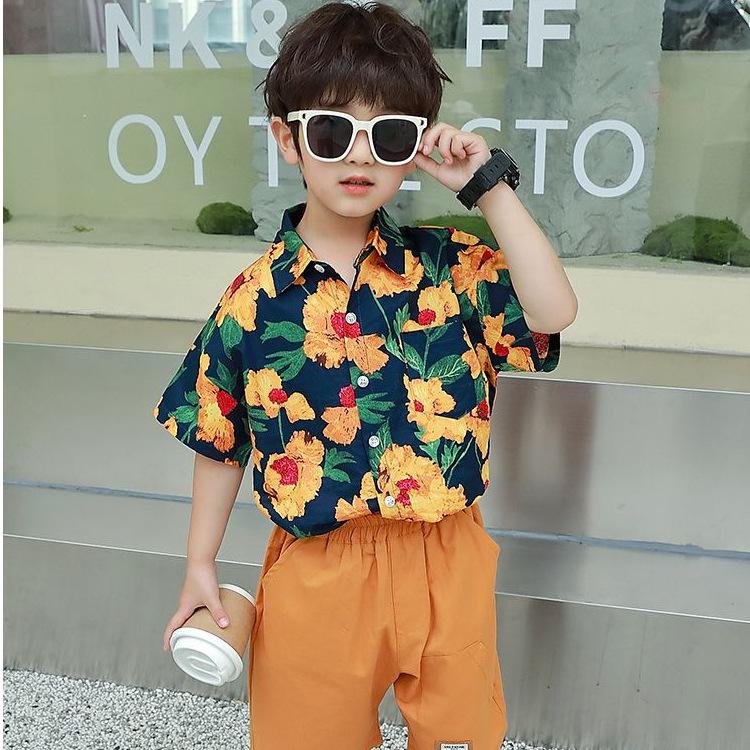 Boys Summer Retro Short Sleeve Floral Shirt Stylish and Versatile