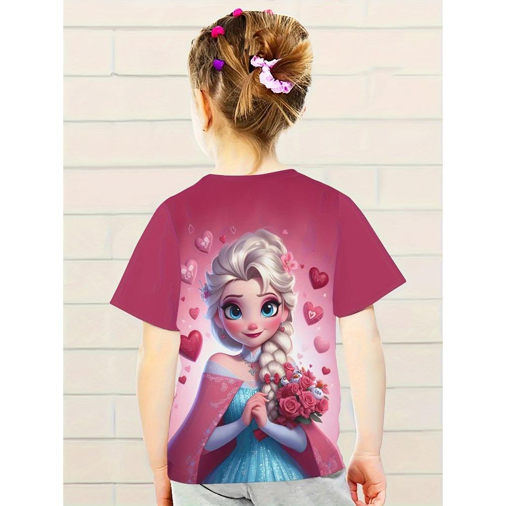 Disney Prinzessin Elsa Mädchen Süßes 3D-gedrucktes Kurzarm-T-Shirt - Rosa Herz und Rosenmuster, Lässiges Sommer-Oberteil