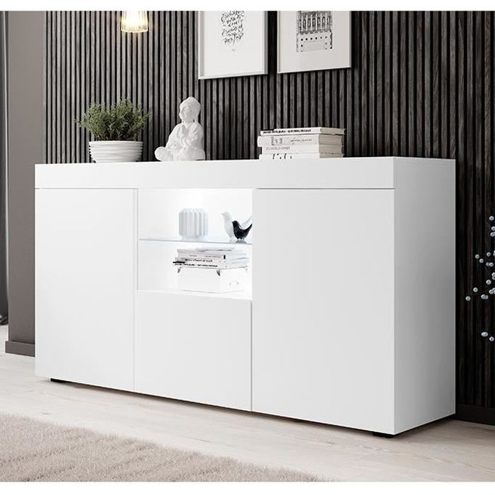 Buffet Bahut 3 Portes LED - NATOLIA - Blanc Mate - Rangement
