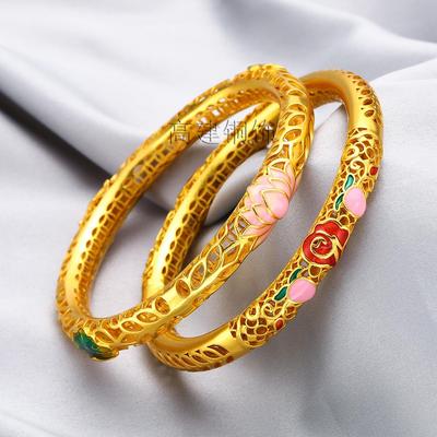 Vietnamese Sand Gold Enamel Lotus Bracelet – Brass, Gold-Plated, Hollow Design with Painted Lotus Leaf & Flower, Women's National Trend Style.