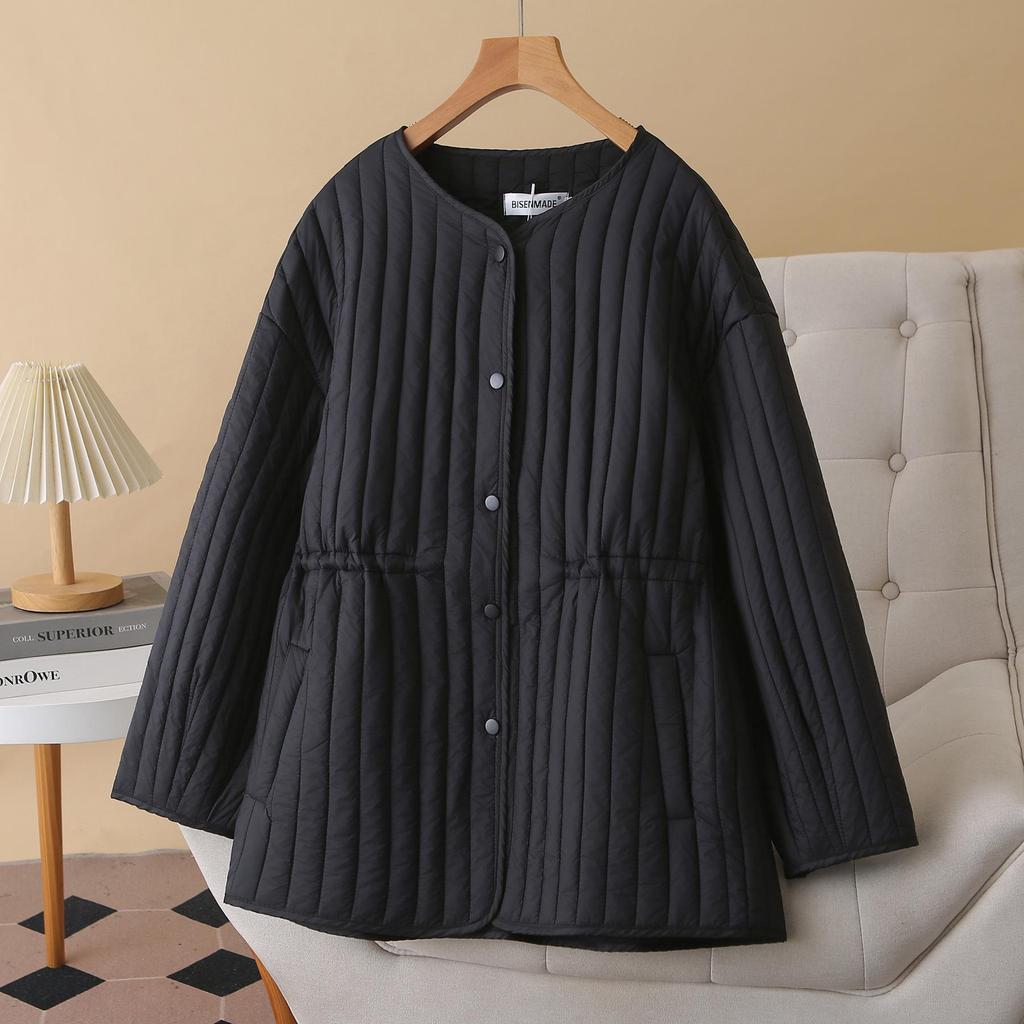 2025 Autumn/Winter Plus Size Striped Lightweight Cotton Jacket - Slimming Waist, Round Neck, Versatile Style for Women