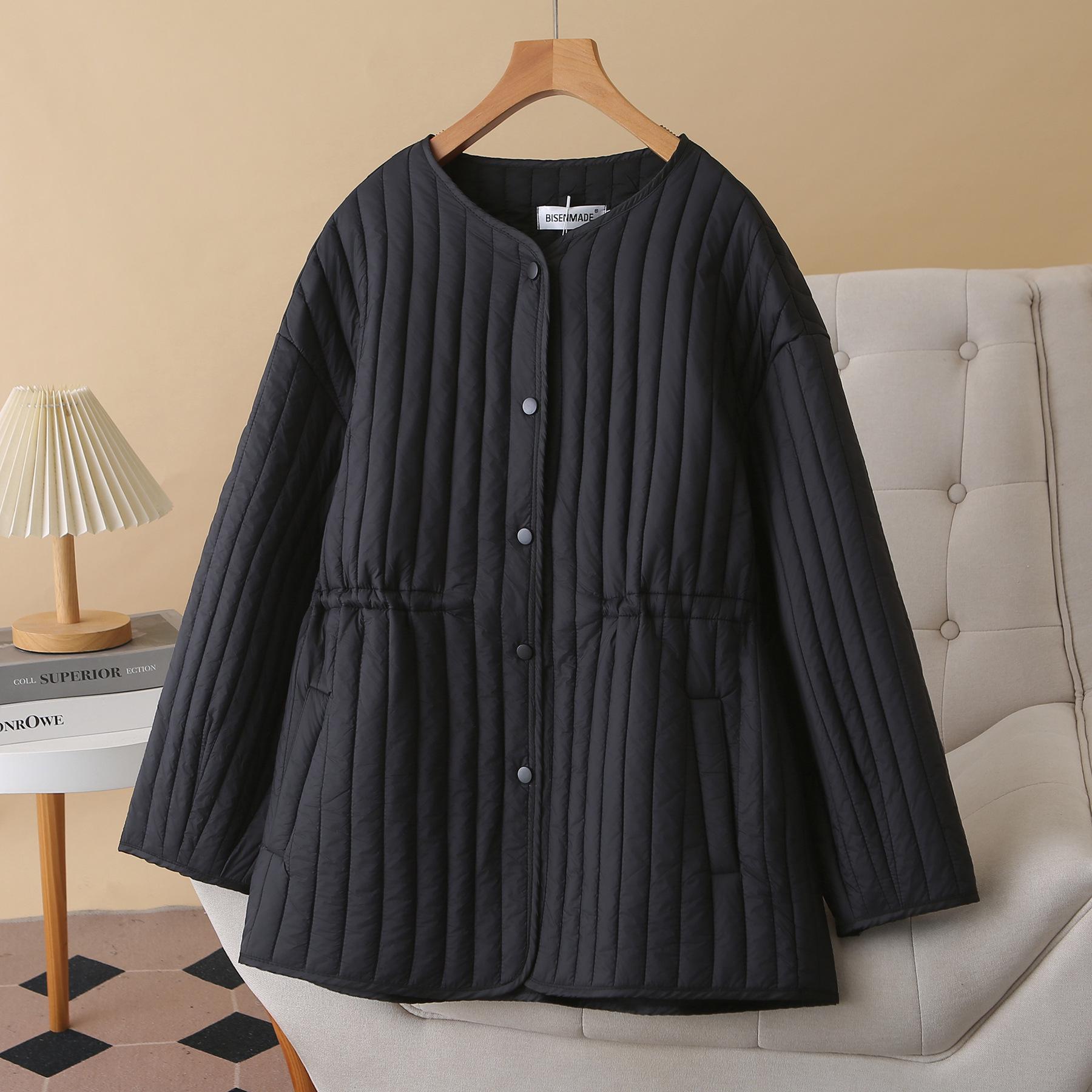 

2025 Autumn/Winter Plus Size Striped Lightweight Cotton Jacket - Slimming Waist, Round Neck, Versatile Style for Women 3XL чёрный