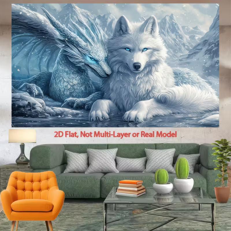 2D Fantasy Ice Dragon & Wolf Backdrop, Snowy Mountain Photography Background 47.2x31.5inch/120*80cm