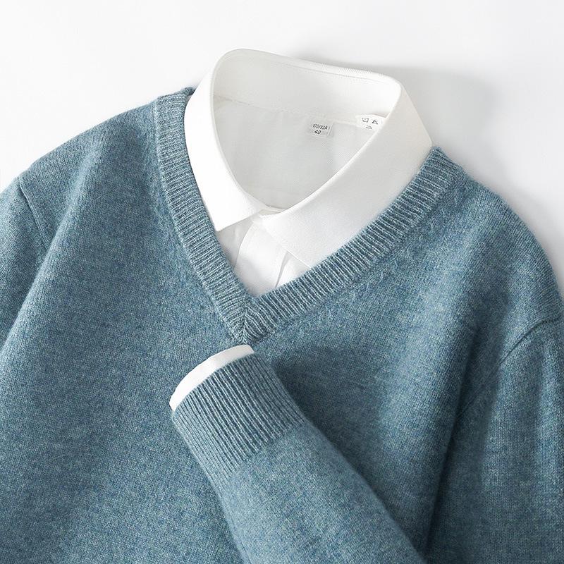 Men's 100% Wool V-Neck Sweater - Solid Color, Loose Fit, Long Sleeve Knitwear