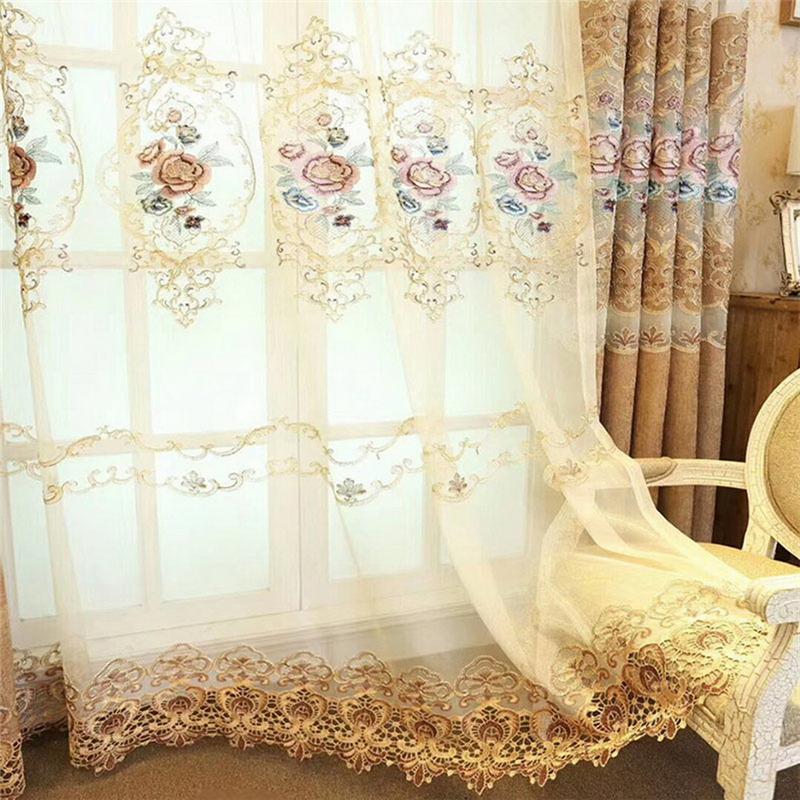 Luxe Crème Pioenroos Borduur Gordijnen voor Woonkamer Semi-Verduisterende Gordijnen voor Slaapkamer Villa Hotel Decoratie M258#40 1Piece W100 X H200CM&Rod Pocket Process