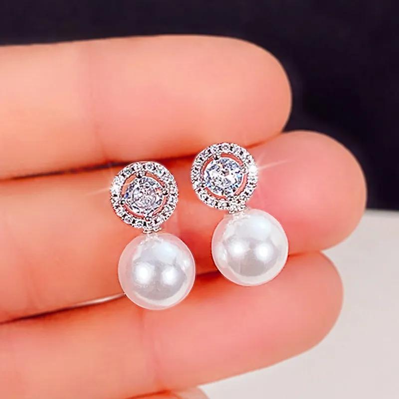 Huitan New Trend Imitation Pearl Dangle Earring for Women Luxury Silver Bling Cubic Zirconia Fashion Elegant Lady Jewelry