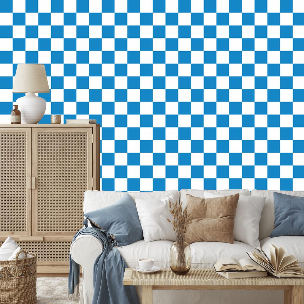 Checkerboard Wallpaper White and Blue for Living Room and Bedroom 50x1000